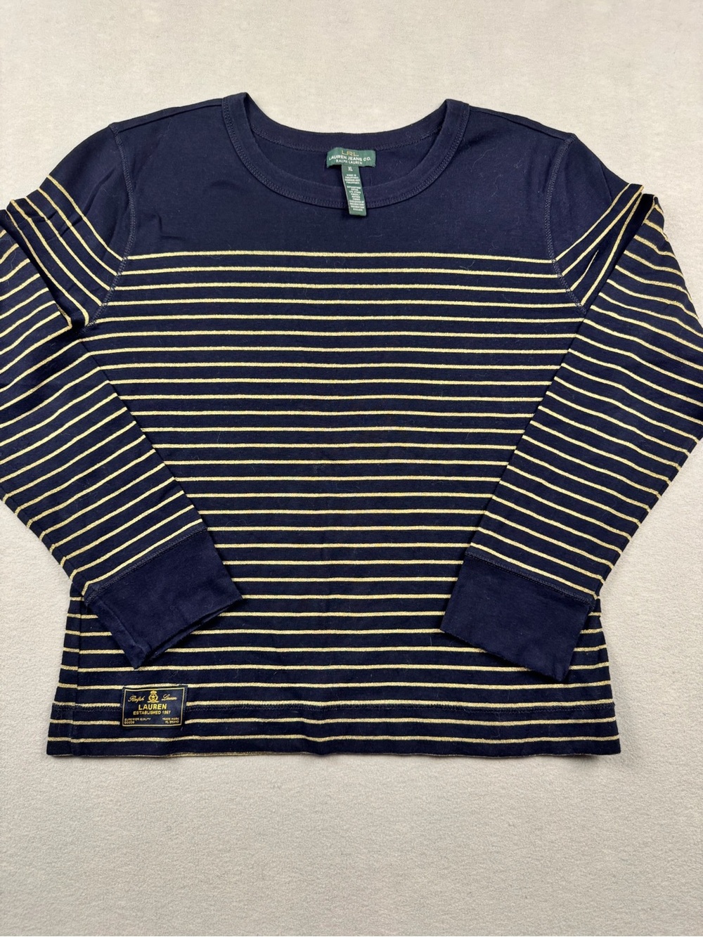 Ralph Lauren Shirt XL Navy Gold Striped Logo Patch Nautical Top blouse nautical